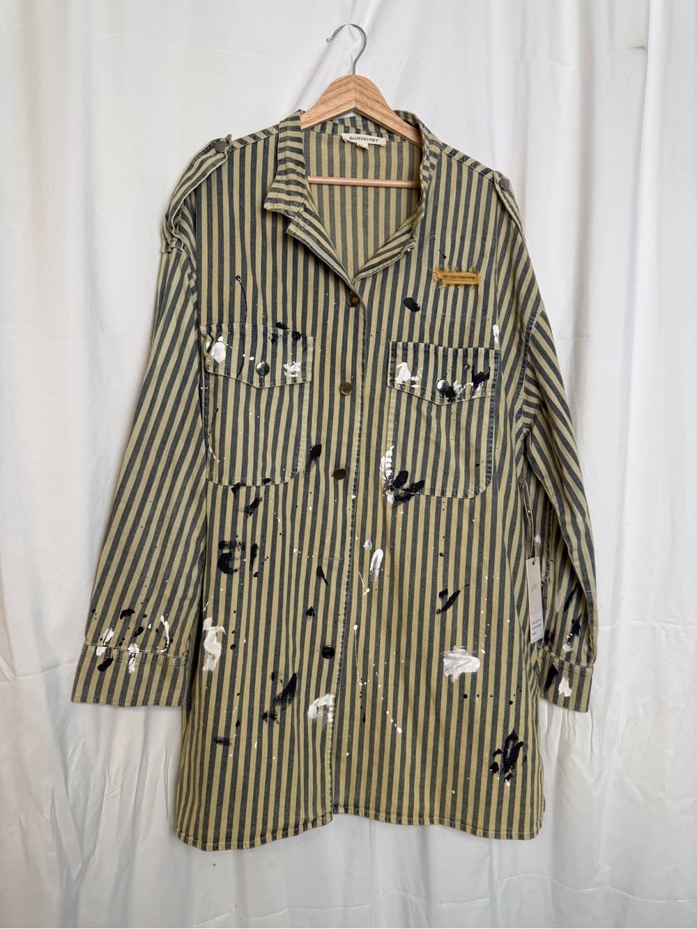 NWT BLUEVELVET Vintage Inspired Striped Utility Jacket Distressed L Oversized